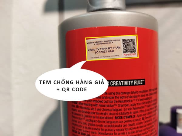 Tem chống hàng giả + QR Code dầu gội TiGi đỏ